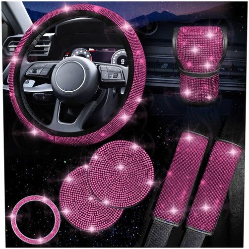 BxuxJar 7PCS Pink Bling Car Accessories for Women, Pink Rhinestone Steering Wheel Cover for Women Universal, Pink Rhinestone Gear Shift Cover, Bling Car Coasters and Bling Seat Belt Covers