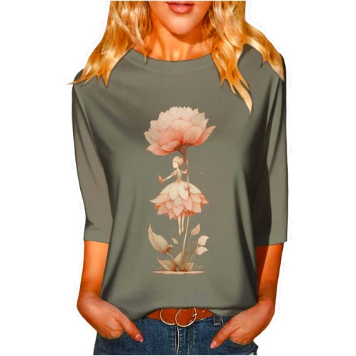 DMOYALA 3/4 Sleeve Tops for Women Dressy Casual Crewneck Floral Tshirts 2026 Spring Summer Trendy Cute Loose Tunic Tops
