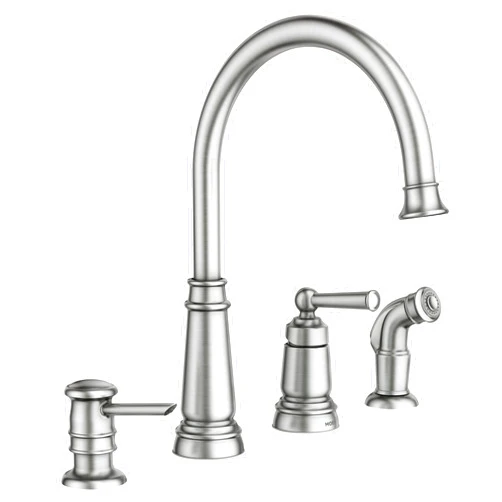 Moen Spot Resist Stainless One-Handle High Arc 4-hole Kitchen Faucet with Side Sprayer and Soap Dispenser, 87042SRS