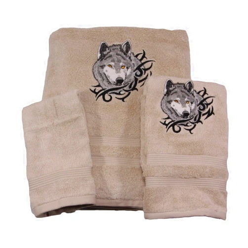 Big Black Horse LLC Bath Towel Set with Embroidered Wolf Head - Beige