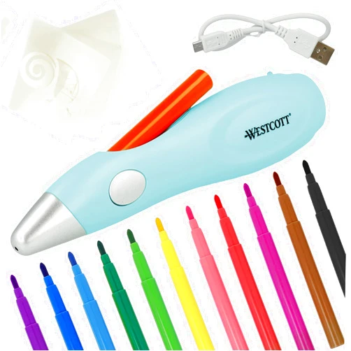 Westcott Magic Pen Airbrush Set for Adults and Children with 12 Felt Markers & 10 Stencils for Painting & Crafting, Battery Charged with USB Cable, Mint Color