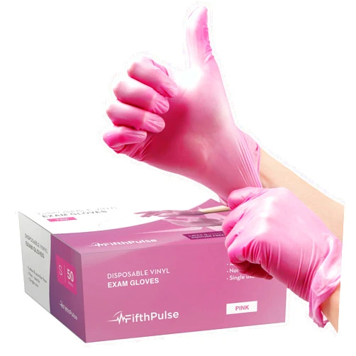 FifthPulse Pink Vinyl Disposable Gloves - Powder and Latex Free Medical Exam Gloves