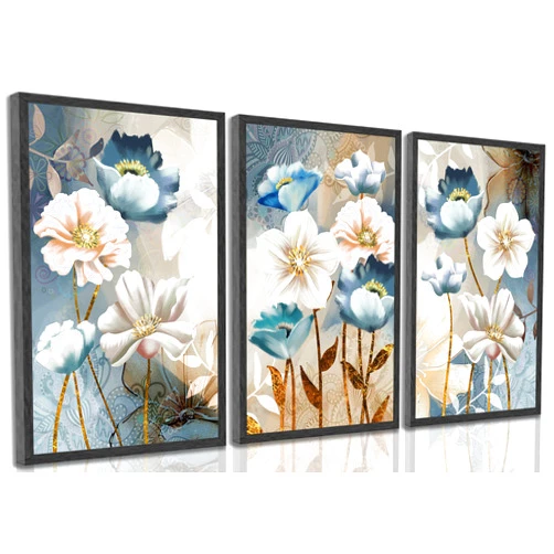 HLEOXPY 3 Pcs Modern Luxury Lotus Flower Canvas Wall Art White and Blue Floral Painting Pictures Wall Decor Posters Print Artwork for Living Room Bedroom Bathroom Office Home Decoration Unframed