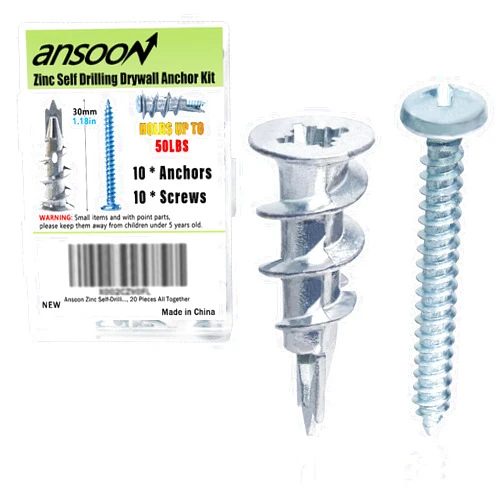 Ansoon Zinc Self-Drilling Drywall Anchors, Hollow Metal Wall Anchors and Screws Kit, 10 Heavy Duty Anchors + 10#8 x 1-1/4'' Screws for Hanging and Mounting， 20 Pieces All Together