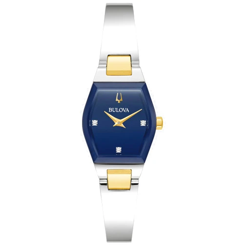 Bulova Ladies Modern Gemini Diamond Silver and Gold Stainless Steel Watch,Tonneau Shape Blue Dial, Model: 98P218
