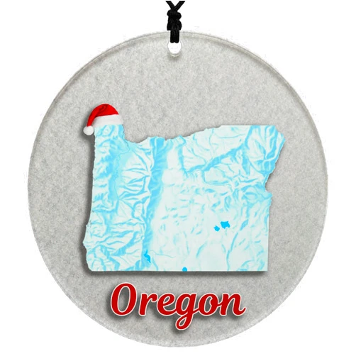 Cranberry Collective Oregon Christmas Ornament - Winter Theme Featuring Snow, State Terrain Map and Santa Cap - 2024 Acrylic Tree Decoration - Holiday Gift and Home Decor