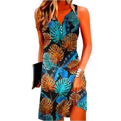 ETCYY NEW V-Neck Floral Printed Summer A-Line Elegant Dresses Womens Vintage Sleeveless Beach Sundress Ladies Casual Loose Boho Dress