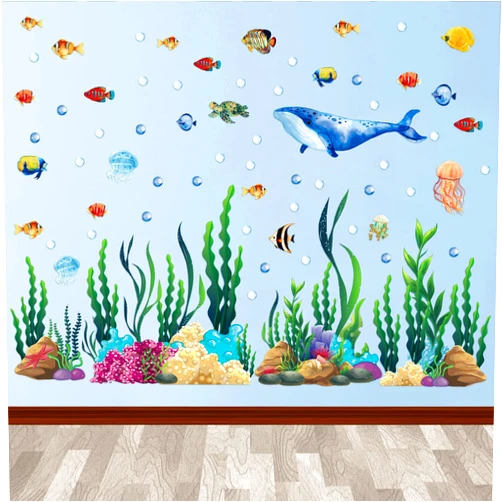 Leinuosen Under the Sea Wall Decals 2 Sheets Ocean Wall Decals Stickers Large Coral Reef and Seaweed, Bubbles Vinyl Wall Sticker Underwater Sea Wall Stickers for Toddler Baby Nursery Living Room Office Bathroom
