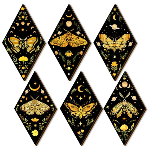 Sintuff 6 Pieces Gothic Wall Decor Boho Sun Moon Phases Wall Art Gothic Minimalist Stars Sun Hanging Wooden Home Decor Farmhouse Pediments for Gallery Living Bedroom Room(Moth)