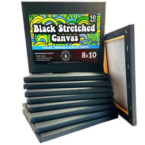 HIPPIE CRAFTER Stretched Black Canvas for Painting, 10 Pack 8x10 Blank Canvases, Gesso Primed, Ideal for Oil, Acrylic, and Watercolor Art, Perfect for Artists and Painting Projects