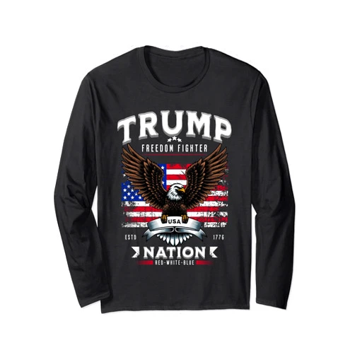 BizzyflyUSA Freedom Fighter Trump Patriotic Eagle USA Flag Long Sleeve T-Shirt