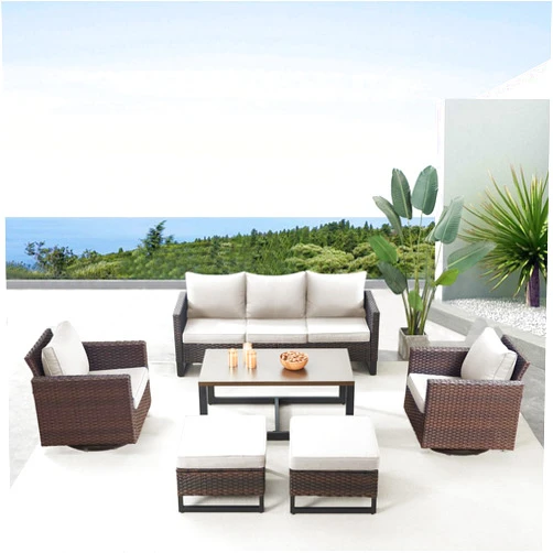 Belord 6 Piece Outdoor Furniture Patio Wicker Sofa Set, Oversize Outdoor Swivel Rocker Chairs with Rattan Ottomans, Conversation Sets Patio Furniture Come with Removable Washable Cushion Beige, Brown