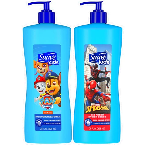 Suave Kids 3-in-1 Variety 2-Pack – Spiderman Fresh Spider-Sense & Paw Patrol Adventure Bay Breeze, Shampoo, Conditioner & Body Wash, 28 Oz Ea