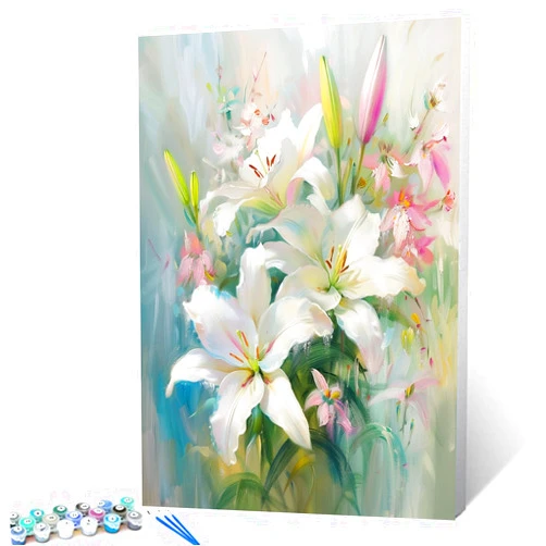 Tucocoo White Lilies Paint by Numbers Kits 16x20 inch Canvas, Floral DIY Oil Painting for Adults with Brushes and Acrylic Pigment, Flowers Blooming Garden Picture for Home Decor Gifts (without Frame)