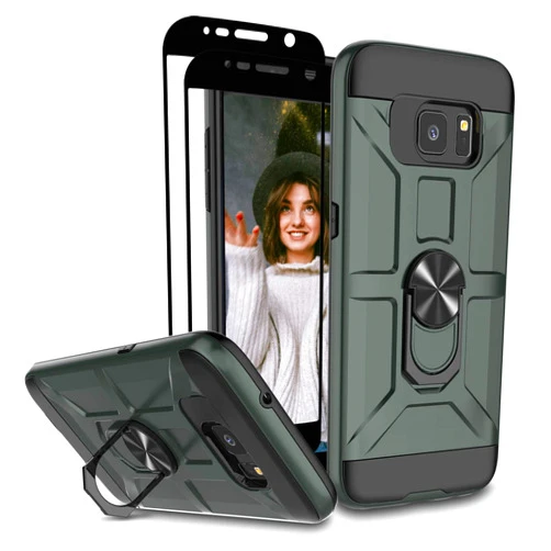 Jeylly Samsung Galaxy S7 Case with Tempered Glass Screen Protector 2 Pack and Rotatable Metal Ring Kickstand, Hybrid Hard PC Soft TPU Bumper Shockproof Rugged Cover for Galaxy S7 2016, Midnight Green