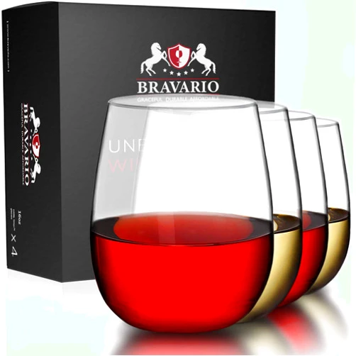 Bravario Unbreakable Stemless Plastic Wine Glasses | Reusable | Shatterproof 100% Tritan Plastic | Dishwasher-Safe | BPA-free | Awesome for Indoor & Outdoor | 16 oz, Set of 4