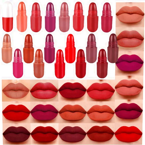 evpct 18 Pcs Capsule Pills Lipstick Mini Matte Lipstick Set for Women Long Lasting labiales mate 24 horas originales Deep Red 24 Hours Waterproof Stay on Lip liner Set Sampler