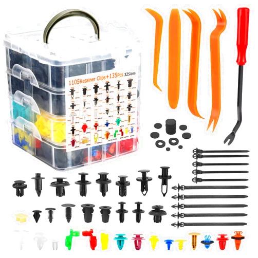 Moonateen 1240Pcs Car Retainer Clips & Fasteners Kit – 32 Universal Sizes Nylon Bumper, Fender Rivets, Door Panel Clips, and Plastic Rivets with 10 Cable Ties and Removal Tool for Toyota, Ford, Honda, Chevy