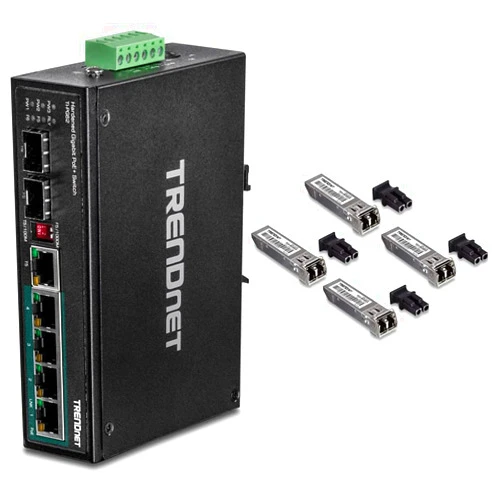 TRENDnet 6-Port Hardened Industrial Gigabit PoE+ DIN-Rail Switch, 4 x Gigabit PoE+ Ports & SFP Multi-Mode LC Module 4-Pack, TEG-MGBSX/4, Transmission Up to 550m (1804 Ft), Mini-GBIC
