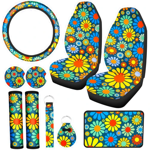 Tallew 10 Pcs Hippie Flower Car Seat Covers Full Set Universal Car Accessories Colorful Art Floral Seat Cover Steering Wheel Cover Armrest Pad Cover Seat Belt Pads for Women Men Car Truck Auto