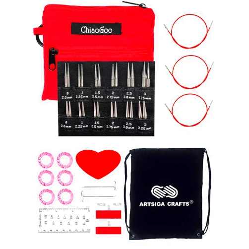 ChiaoGoo Twist Red Lace Shorties 2 & 3-Inch Small Red 7230-M Interchangeable Knitting Needle Set, 12-Pair Sizes US 0, 1, 1.5, 2, 2.5, 3, Stainless Steel, 3 Cords Bundle with 1 Artsiga Crafts Large Bag