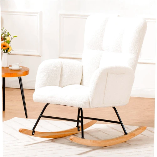 COMHOMA Nursery Rocking Chair, Teddy Upholstered Glider Rocking Chair with Side Pockets, Accent Chair with High Backrest Reading Chair for Adult, Nursery, Bedroom, Living Room,Offices (White)