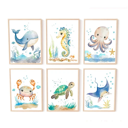 Joocrise Nursery Sea Animal Wall Decor Set of 6 Ocean Watercolor Canvas Wall Art Baby Boys Room Wall Art Ocean Sea Animal Pictures Kids Girl Art Prints Nursery Artwork for Bedroom 12x16 Inch Unframed