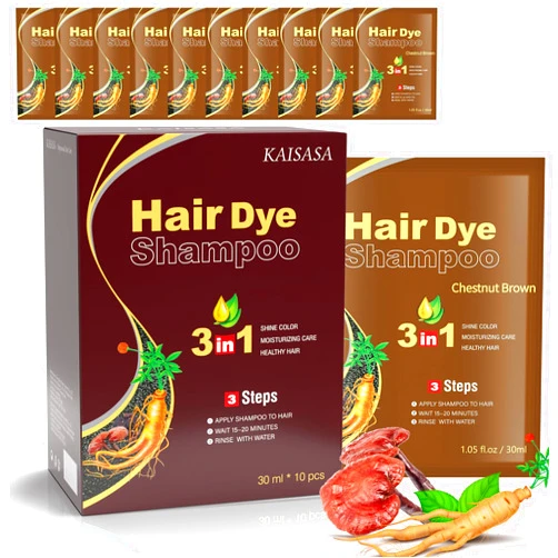 IIIMEIDU 10 PCS Hair Dye Shampoo for Women and Men, 3 in 1 Hair Color Shampoo, Natural Herbal for Grey Hair Coverage (Chestnut)