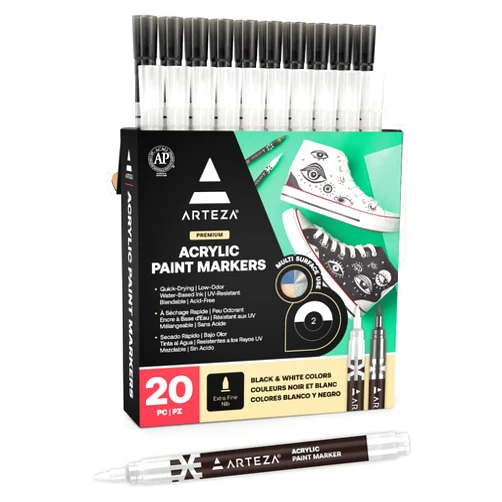 ARTEZA Acrylic Paint Markers, Set of 20 Black & White Acrylic Paint Pens, Art Markers for Glass, Pottery, Ceramic, Plastic, Rocks, and Canvas