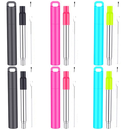 Gejoy 6 Pack Metal Reusable Straw Drinking Collapsible Foldable Stainless Steel Straw with Plastic Case Silicone Tip and Cleaning Brush Long Telescopic Portable Travel Straw for Work