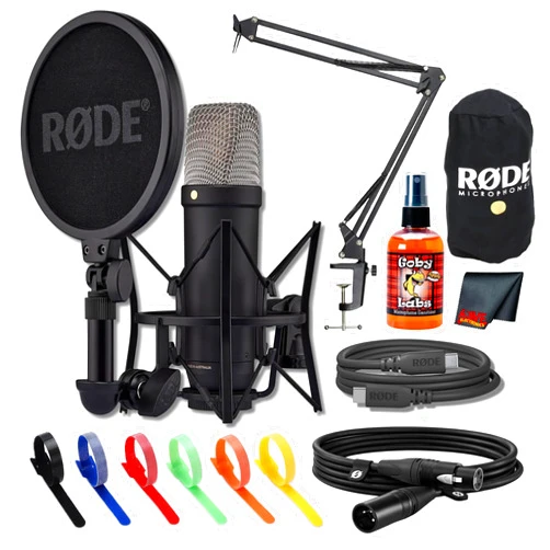 Rode NT1 5th Generation Large-Diaphragm Cardioid Condenser Microphone (Black) | Dual XLR/USB, Ultra-Low Noise & 32-Bit Float Recording for Streaming & Studio Recording + Mic Arm + Cable Ties + More