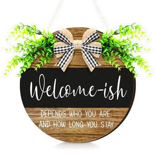 Jetec Welcome Sign Welcome-ish Front Door Sign Funny Wreaths Hanging Wooden Plaque Decoration Round Rustic Wood Farmhouse Porch Decor for Home Front Door Decor, 12 x 12 Inch (Retro Style)