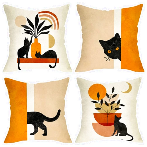 Ussap Boho Abstract Cat Plant Sunset Decorative Throw Pillow Covers Set of 4, Minimalist Art Aesthetic Pillowcase Decoration, Bohemian Modern Sofa Couch Cushion Case Home Decor 16x16