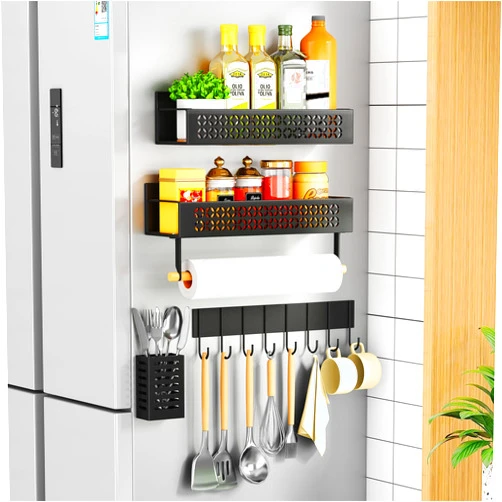 Kornsurte Magnetic Spice Rack for Refrigerator with Paper Towel Holder, 5 Pack Magnetic Shelf Fridge Spice Rack Organizer shelves, Moveable Metal Magnet Utensil Holder and 8-Hook Rack for Kitchen, Black