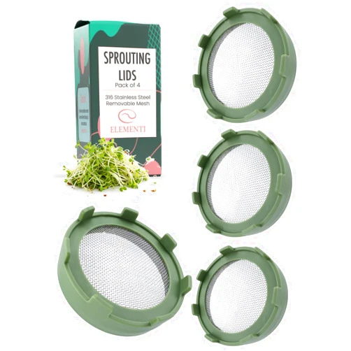 Elementi Sprouting Lids for Wide Mouth Mason Jars (Set of 4), Sprouting Jar Kit for Organic Alfalfa & Mung Bean Sprouts Growing Kit, 316 Stainless Steel Mesh Screen Strainer Lid (Sage Green)