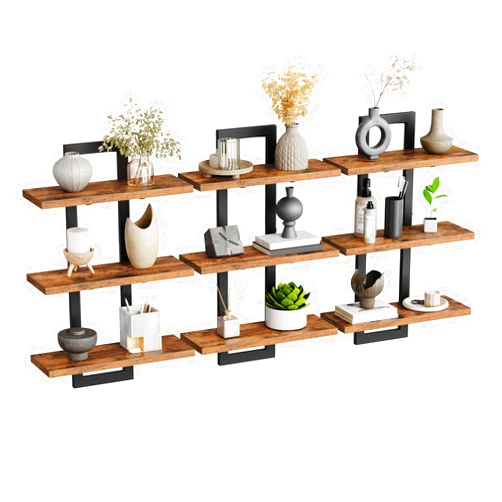 HOOBRO Floating Shelves, Set of 3 Wall Shelves, 3-Tier Wall Mounted Storage Shelves, Hanging Bathroom Shelves, for Living Room, Bedroom, Bathroom, Kitchen, Rustic Brown and Black BF31BJP301