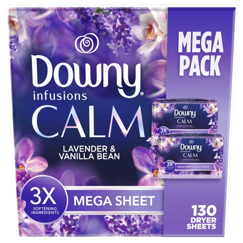 Downy Infusions Mega Dryer Sheets, Laundry Fabric Softener, CALM, Lavender and Vanilla Bean, 130 Count