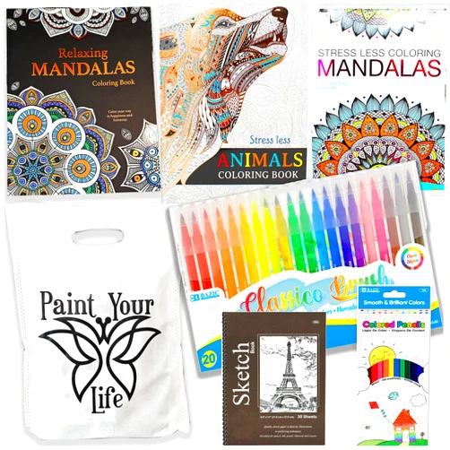 Beyond The Box Adult Coloring Book Set | Art kit activities Mandalas, Pencils & Markers care package | Gift basket Get well soon gift, for women, men, after surgery for Stress Anxiety Relief & Relaxation