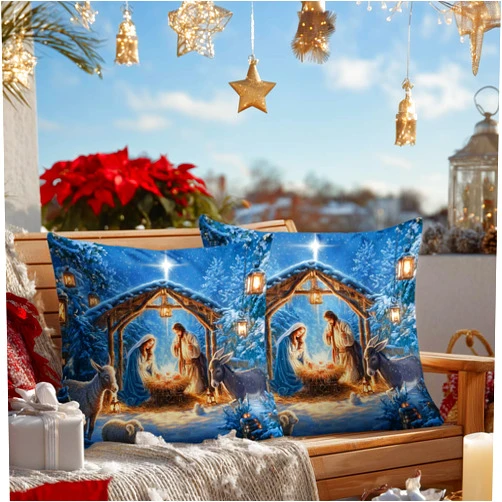 HOMETITUTE 18x18 Inch Set of 2 Nativity Scene Merry Christmas Throw Pillow Covers Holy Family Pillow Cases Religious Holiday Cushion Covers Decorative Christmas Nativity Pillow for Sofa Couch Bed