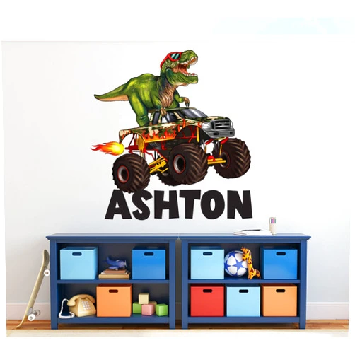 LOVELY Decals Custom Name Wall Decal - Dinosaur Wall Decals - T Rex Wall Decor - Kids Boys Bedroom Room Decor - Tyrannosaurus Monster Truck Wall Art Sticker