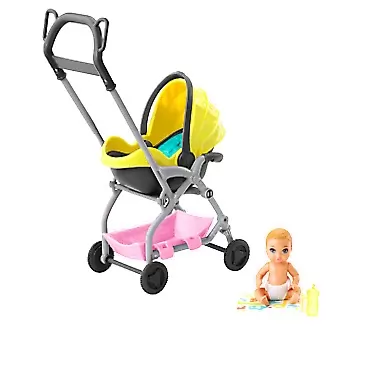 Barbie Skipper Babysitters Inc. Doll and Playset, Small Baby Doll with Yellow and Pink Stroller with Rolling Wheels and Removable Seat, Plus Blanket and Bottle, Gift for 3 to 7 Year Olds