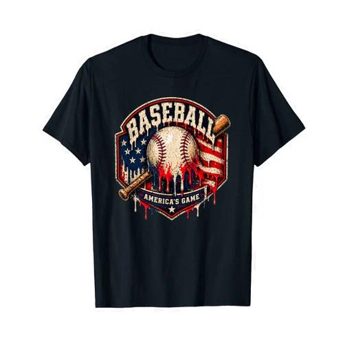 4th of July Baseball Drip Patriotic USA Emblem Co Baseball America's Game USA Flag Bat Distressed Vintage Fan T-Shirt