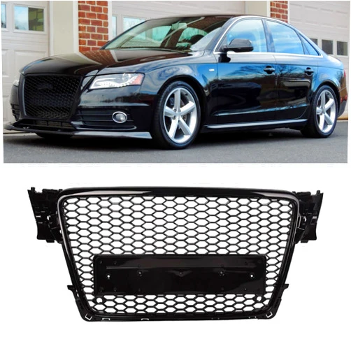 MOWALAUTOS Front Hex Grill Compatible with 2009-2012 Audi S4 A4 A4 Quattro Front Grill Assembly New ABS Black Grill Honeycomb Front Bumper Grille Front Bumper Hood Grille Upper Chrome Grill Assembly