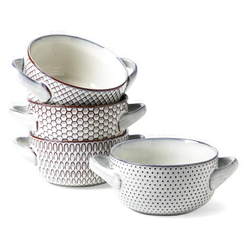 MONITO Soup Bowls with Handles, 28 Ounce French Onion Soup Bowls, Stackable Soup Bowl Oven Safe for Cereal, Pasta, Chilli, Beef Stew, Stackable Serving Bowl Set of 4, White