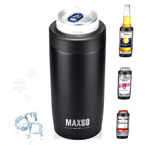 Maxso Slim Can Cooler, 4-in-1 Double Walled Stainless Steel Insulated Beer Can Holder, Works With All 12 Oz Cans,Bottles & As A Pint Cups - Matte Black