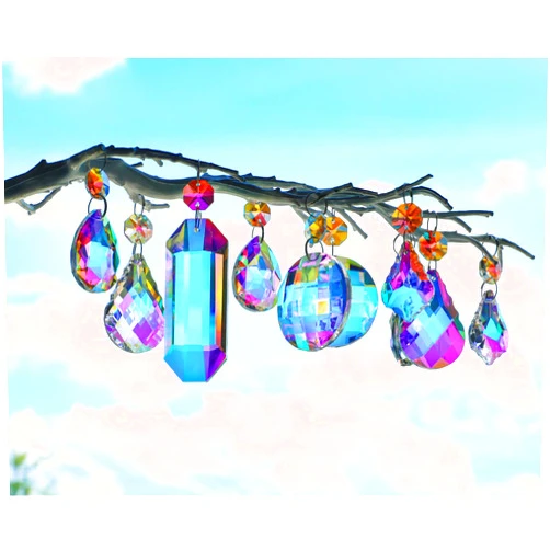 H&D HYALINE & DORA 15pcs Colorful Crystal Suncatcher Hanging Chandelier Prisms Pendant with Crystal Octagon Bead Decor for Home Garden Wedding DIY Ornament