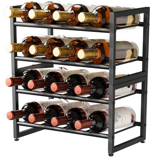 OROPY Wine Rack Countertop, 16 Bottle Wine Racks for Wine Bottles Storage Display, 4 Tier Metal Wine Holder Free Standing Floor Black