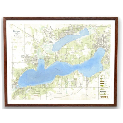 Handmade Map of Geneva Lake and Lake Como in Walworth County, Wisconsin