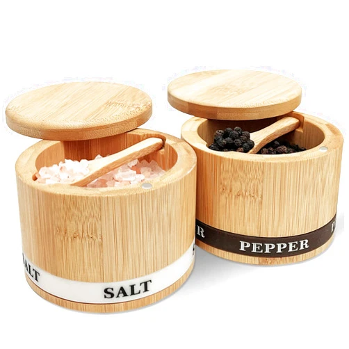 ThougrLyh Bamboo Salt and Pepper Bowls 2 Holder Salt Cellar with Lid and Spoon Spice Box Magnetic Swivel Lid Container Dual 13oz Capacity