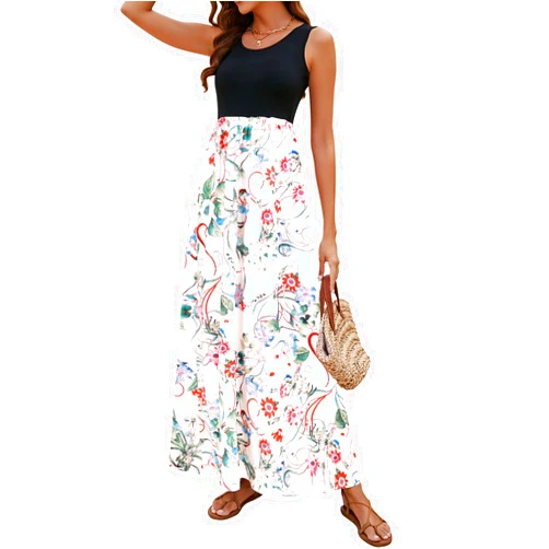 Sherosa Women Boho Chevron Striped Floral Printed Summer Sleeveless Tank Long Maxi Party Dress